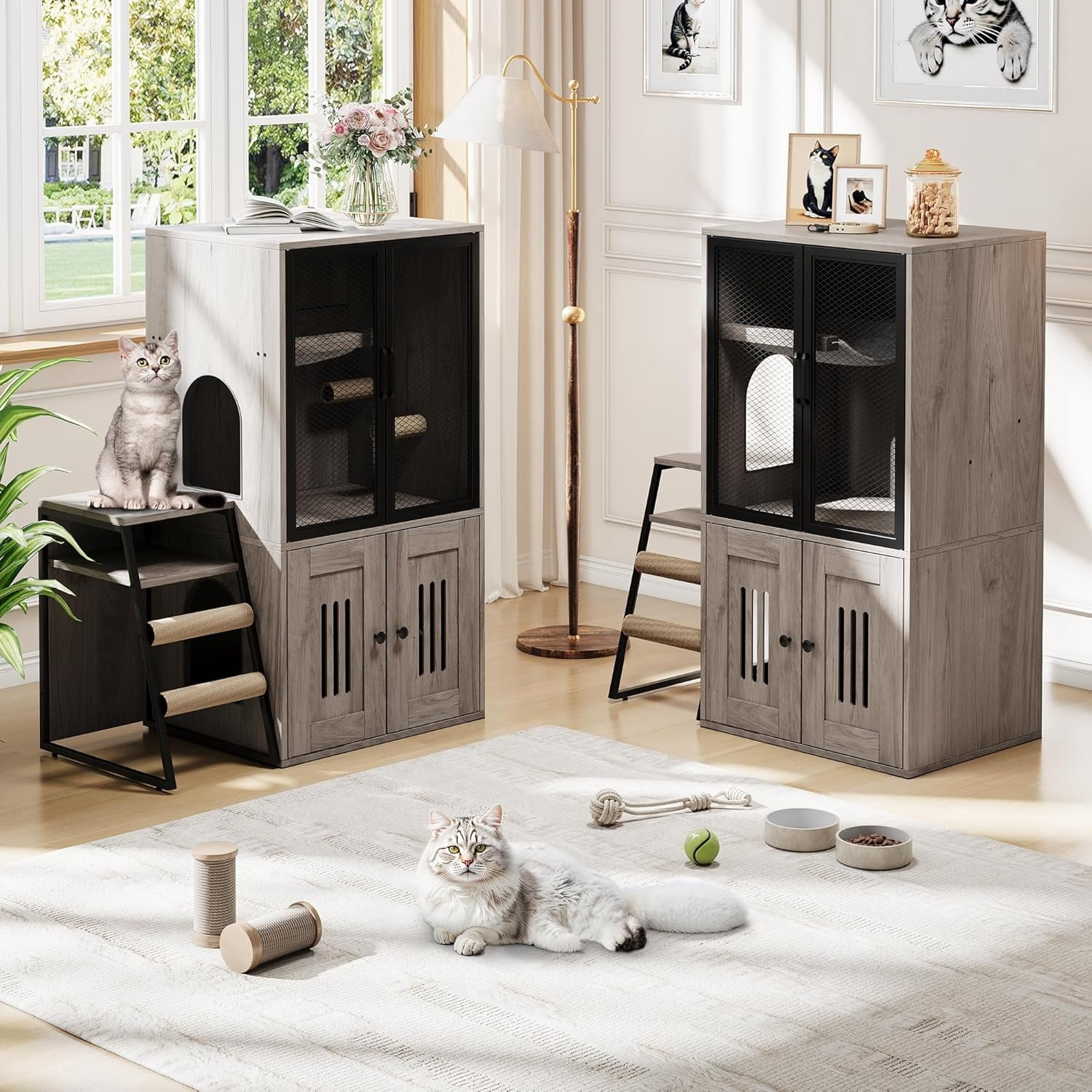 2-Tier Cat Litter Box Furniture - Enclosed Hidden Litter Box Cabinet with Doors, Storage Shelf & Step Ladder - Discrepet Cat Toilet Furniture for Home Decor, Large Size for Multiple Cats