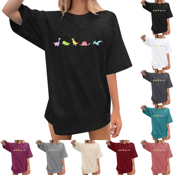 Trendfront Womens Oversize Tops Cute Dinosaur Graphic Crewneck Drop Shoulder Short Sleeve Loose Fit Tee Trendy T Shirts Pullover Streetwear