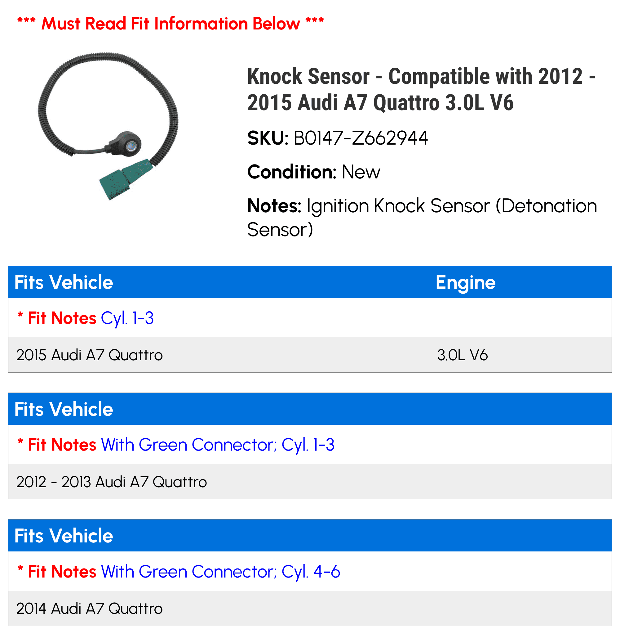 Knock Sensor - Compatible with 2012 - 2015 Audi A7 Quattro 3.0L V6 2013 2014