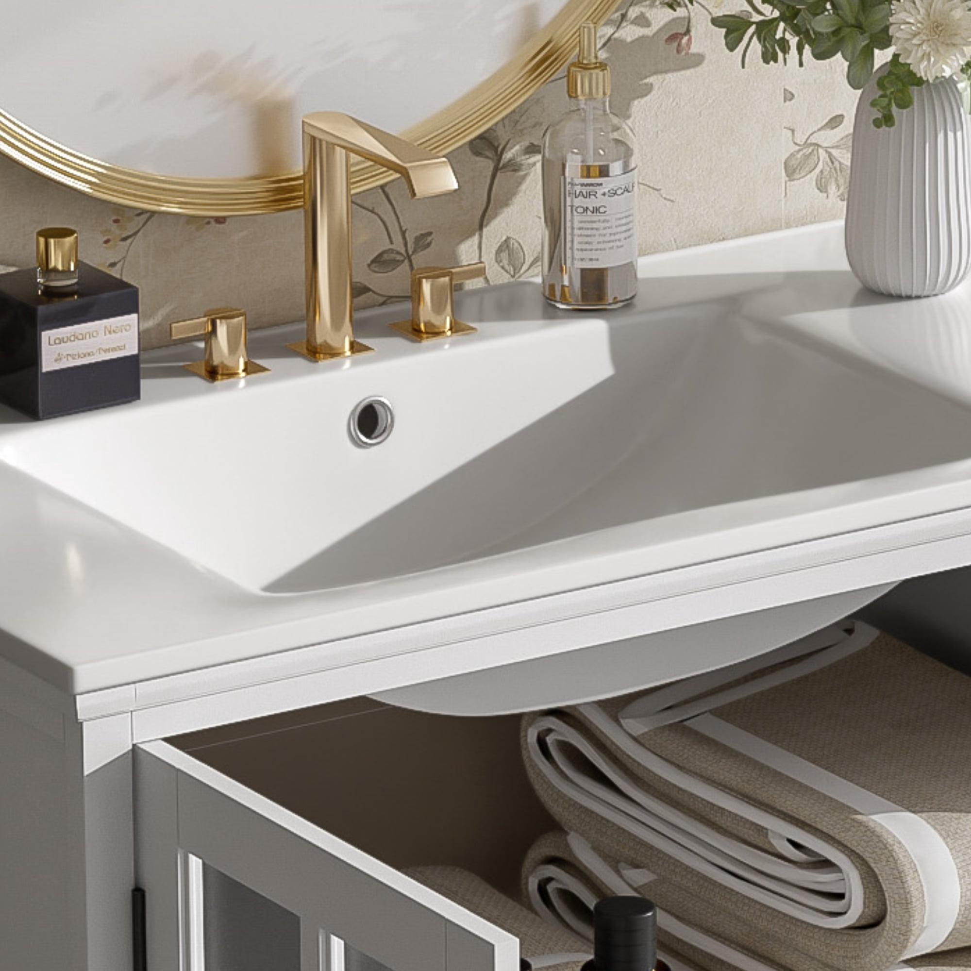 Euroco 30" Modern Bathroom Vanity with Ceramic Sink, Tempered Blurred Glass Doors, Adjustable Shelf & Matte Hardware – Rubber Wood Frame, Widespread Faucet Compatible