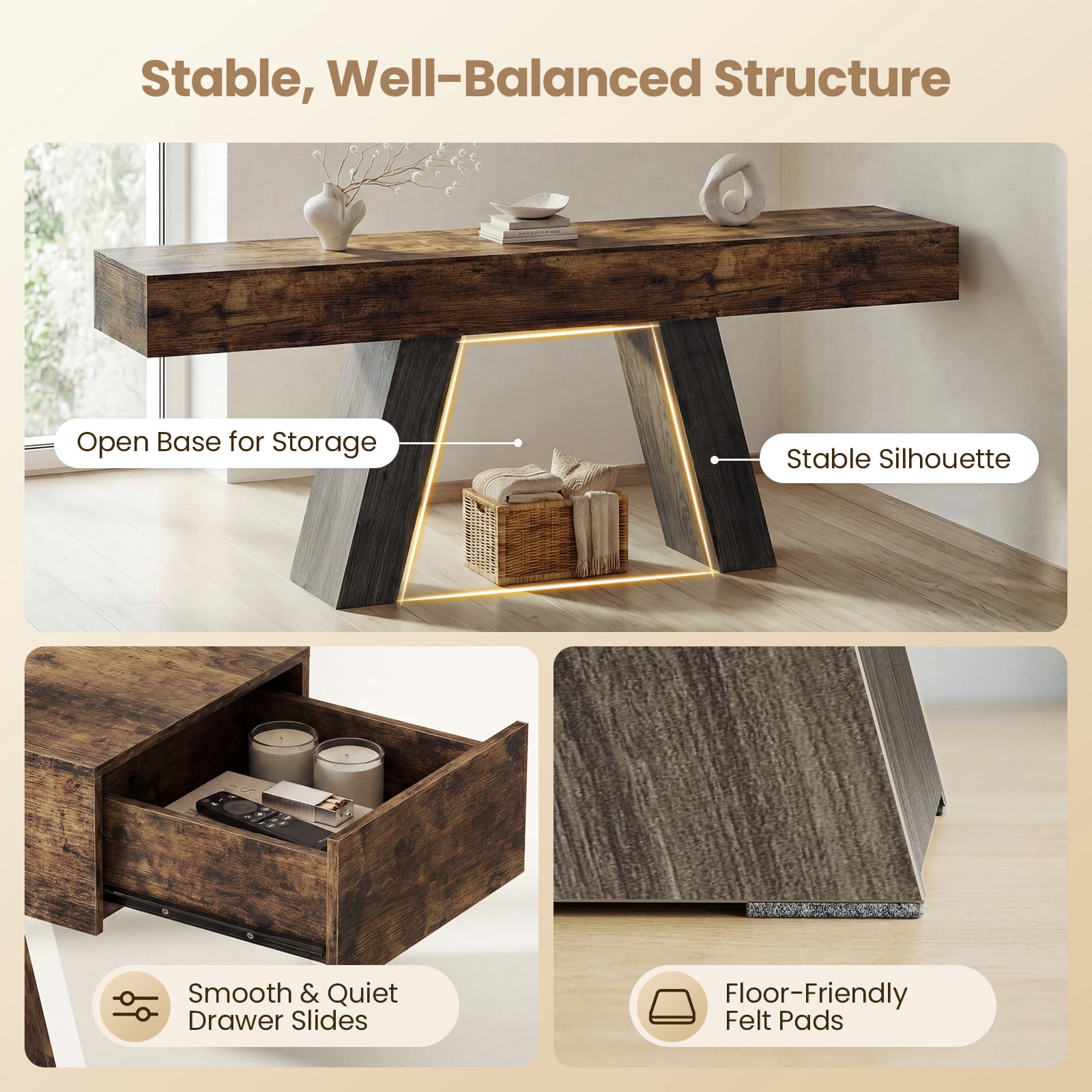 Advwin 63" Console Table with Storage Drawers, Extra Long Sofa Table for Entryway or Behind Couch, Farmhouse Narrow Hallway Table with Floor Protection Pads, Rustic Brown+Charcoal