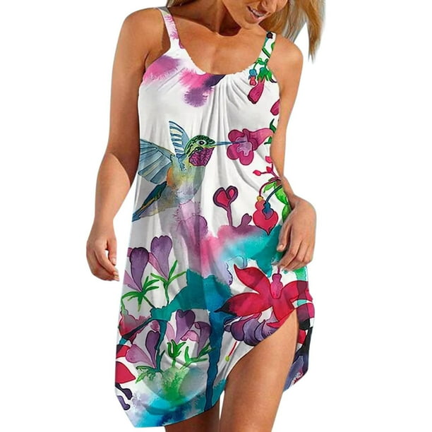 Pompotops Women s Summer Printed Sleeveless Scoop Neck Sexy Sundress Casual Flowy Swing Beach Dresses