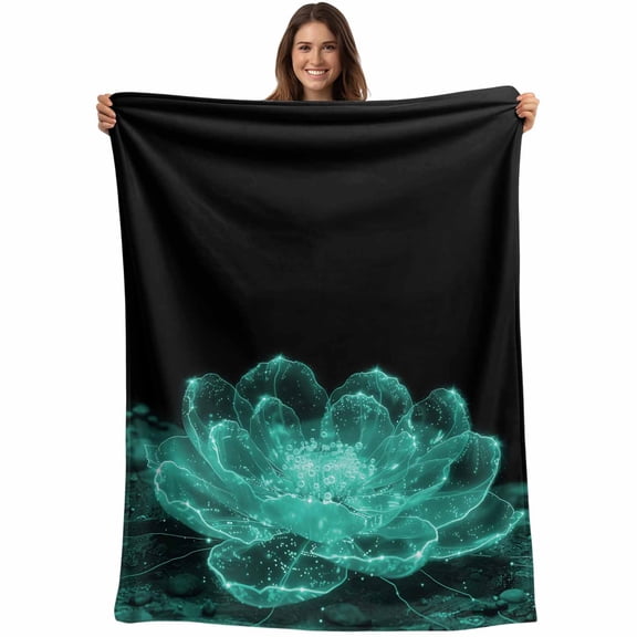 Flannel Fleece Throw Blanket Teal Watercolor Transparent Flower Lightweight Soft Plush Blankets,Blooms Floral on Black Cozy Warm Throw Blanket for Couch Sofa Bed Car Office All Season Use 40x50in