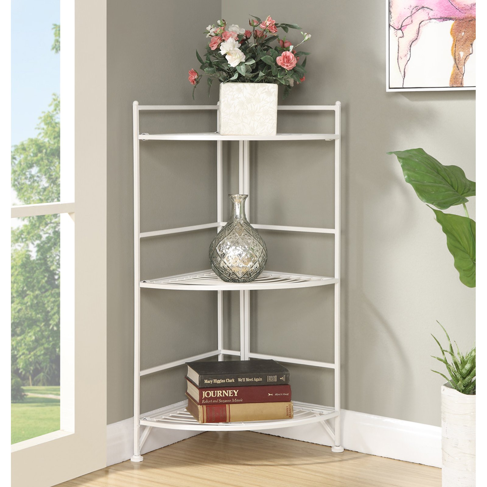 Convenience Concepts 3Tier Corner Folding Metal Corner Shelf, White