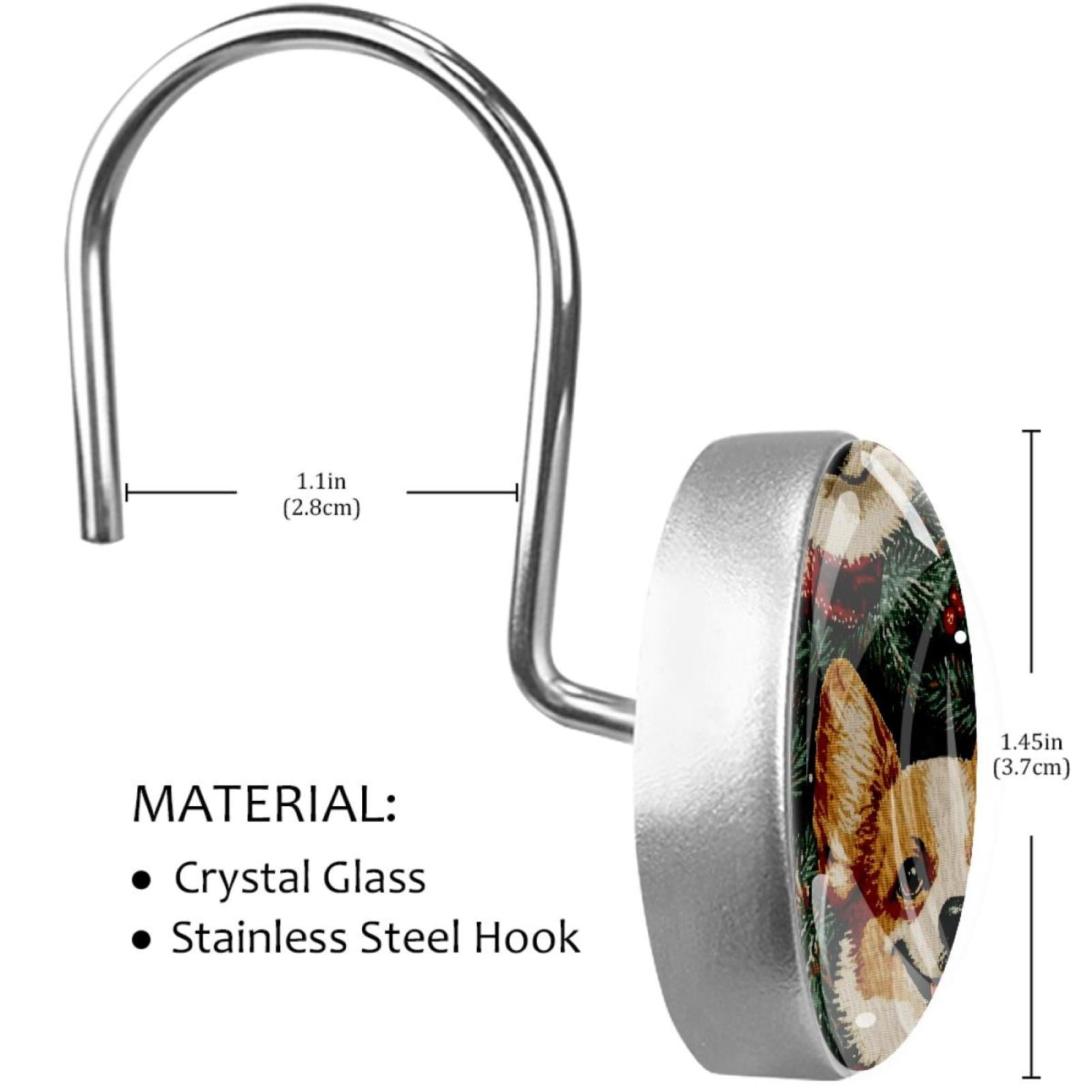 Red Bow Corgi Pine Leaf Shower Curtain Hooks Round Crystal Glass, Set of 12 Shower Curtain Rings - Shower Hooks for Curtain Shower Rings