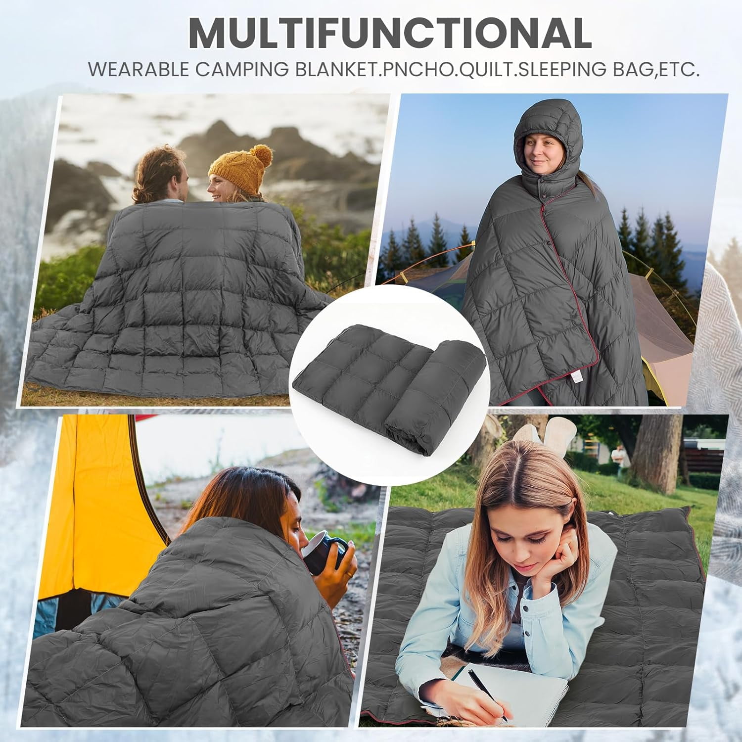 Upgraded Hooded Down Camping Blanket Waterproof 650 Fill Puffy Poncho Blanket 77" x 50" Packable Wearable Sleeping Bag with Detachable Hat Outdoor Stadium Camping, 1.36 lb(Grey)