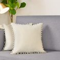 thumbnail image 1 of Fundas de almohada de terciopelo de color blanco cremoso con pompones, fundas de cojín para cojines de terciopelo de 18x18 de algodón para sofá de coche, juego de 2 Feliz Sencillez, 1 of 5