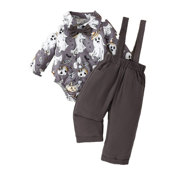 Newborn Baby Boys 1st Halloween Outfit Gentleman Pumpkin Shirt with Bowtie  Long Suspender Pants Overalls Clothes