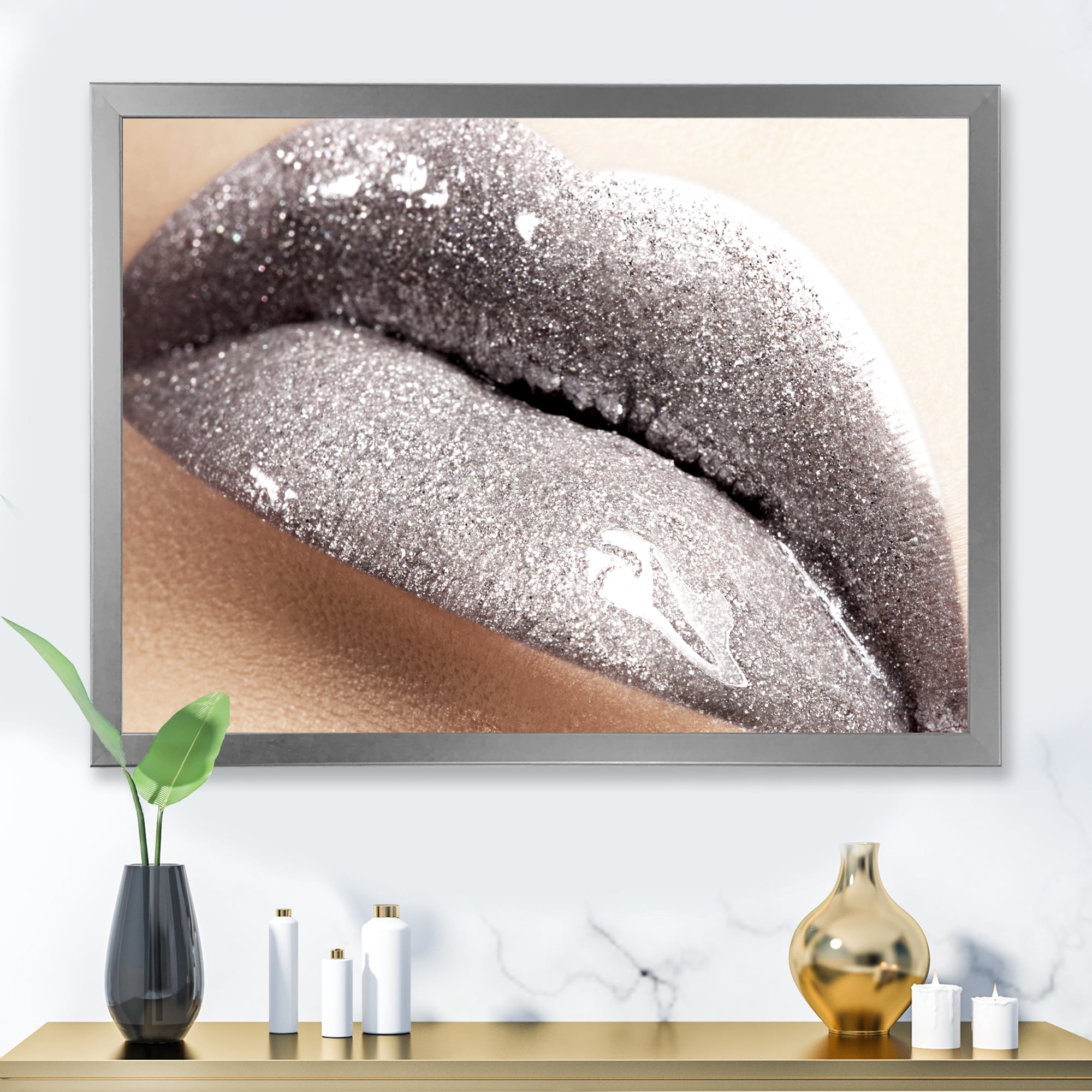 Close Up of Female Lips With Glittering Silver 32 in x 16 in Framed Photography Canvas Art Print, by Designart