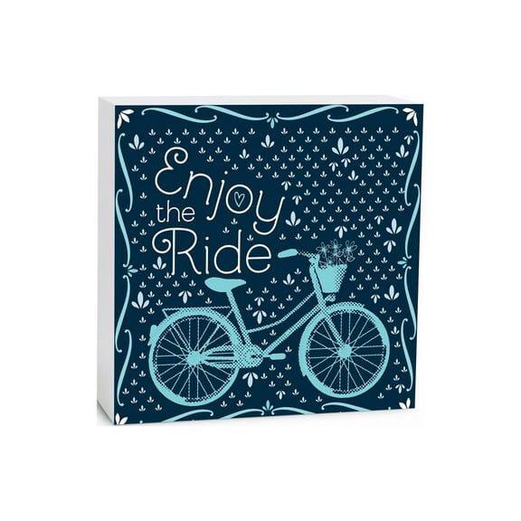 Enjoy The Ride Deep Blue Bicycle 5 x 5 Wood Tabletop Sign Plaque