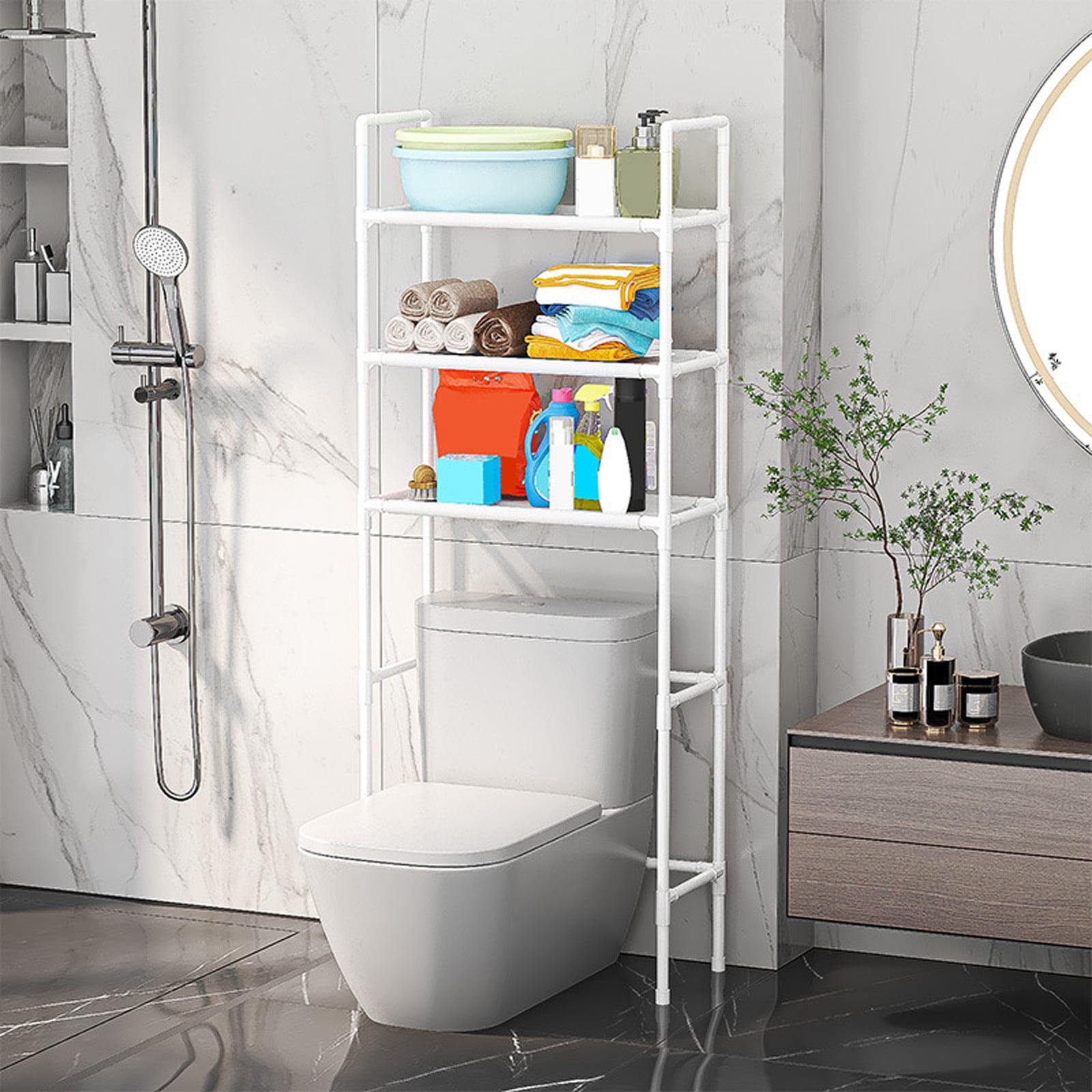 Floor Standing Over Toilet Storage Shelf, Tall Bathroom Organizer Rack for Toiletries & Towels, Above Toilet Shelf with 3 Tiers, Plastic Laundry Shelf, 1-Piece