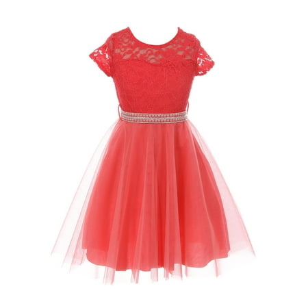 Little Girl Cap Sleeve Lace Tulle Pearl Belt Pageant Party Flower Girl Dress USA Coral 4 JKS 2122 BNY