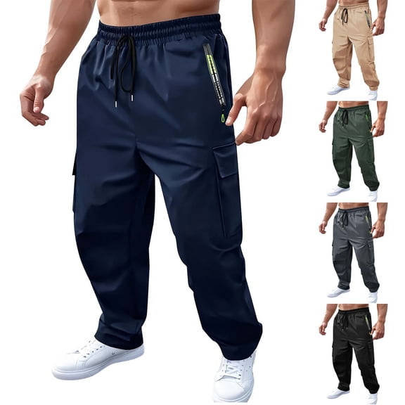 Ndbuld Men Athletic Pants Casual Sport Pocket D Zipper Solid Color Elastic Waist Cargo Pants Black,S