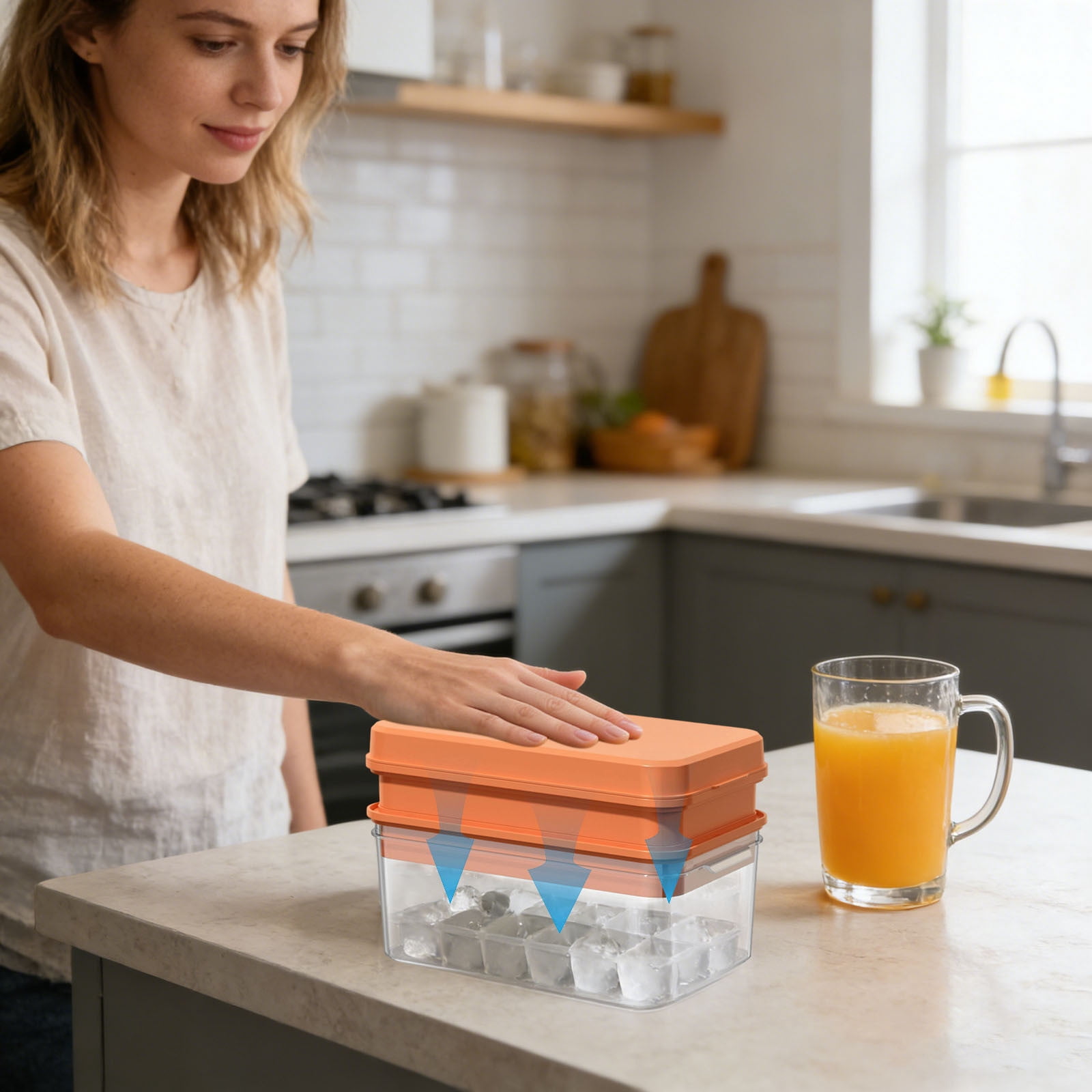 VMWMSSR Ice Cube Tray With Storage Bin, 64-Cavity One-Press Easy Release Ice Maker With Lid, Food-Grade Ice Mold For Summer Drinks, Home & Kitchen Use(B-22X13X14Cm)