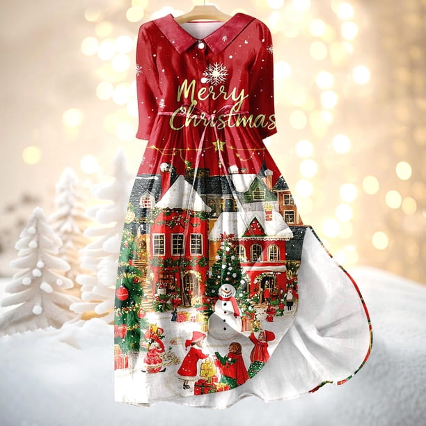 stylish christmas dress Dresses for Women Ladies Fashion Christmas Print Lapel Button-Down Seven-Quarter Cuff Strap-Up with Merry Christmas for Christmas Party,Green,3XL Red_Plaid_Dress