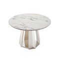 thumbnail image 2 of 47" Round Marble-Effect Dining Table, Modern Stainless Steel Base Kitchen Table with High-Gloss Faux Marble Top, Multi-Purpose Heavy-Duty Dining Room Table (Silver & White), 2 of 9