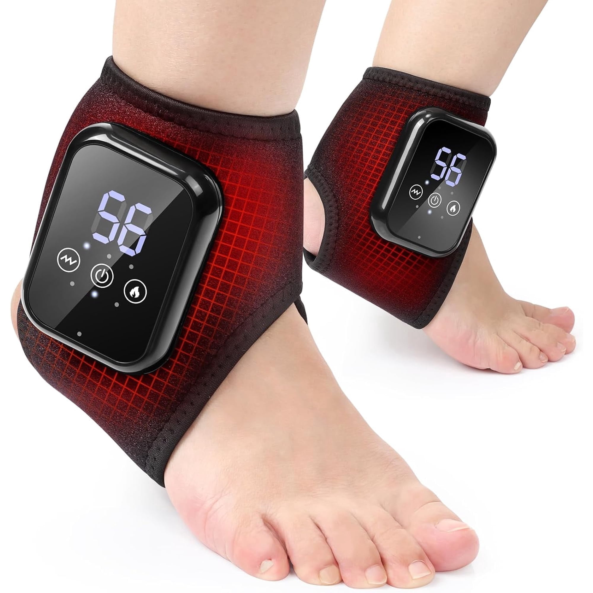 Cordless Ankle Massager with Heat, 2000mAh Battery Ankle Heating Pad with Massage, Heated Ankle Wrap Warmer Foot Massager, 3 Vibration Modes, 3 Heat Levels, Auto Shut Off, 2PCS
