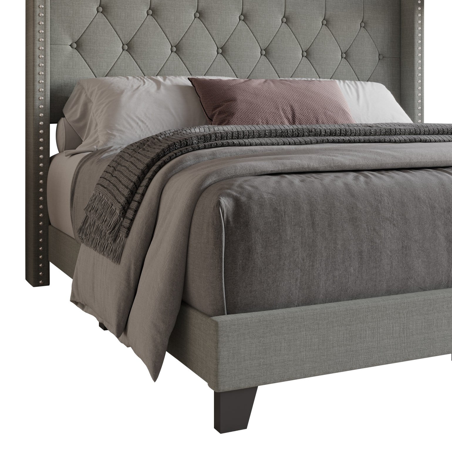 Home Design Homer Queen Button-Tufted Wingback Upholstered Panel Bed Frame with Nailhead Trim design for Adult, Gray, Easy Assembly