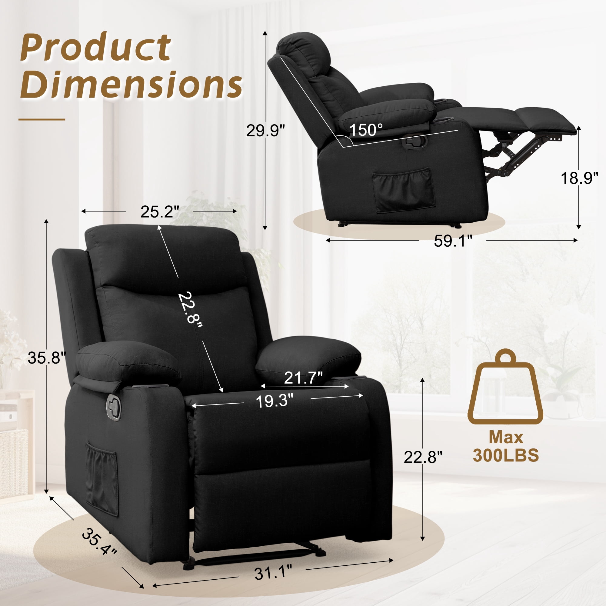 Korser Manual Small Recliner Chair with Fixed Base for Small Spaces Linen Fabric for Living Room,Black
