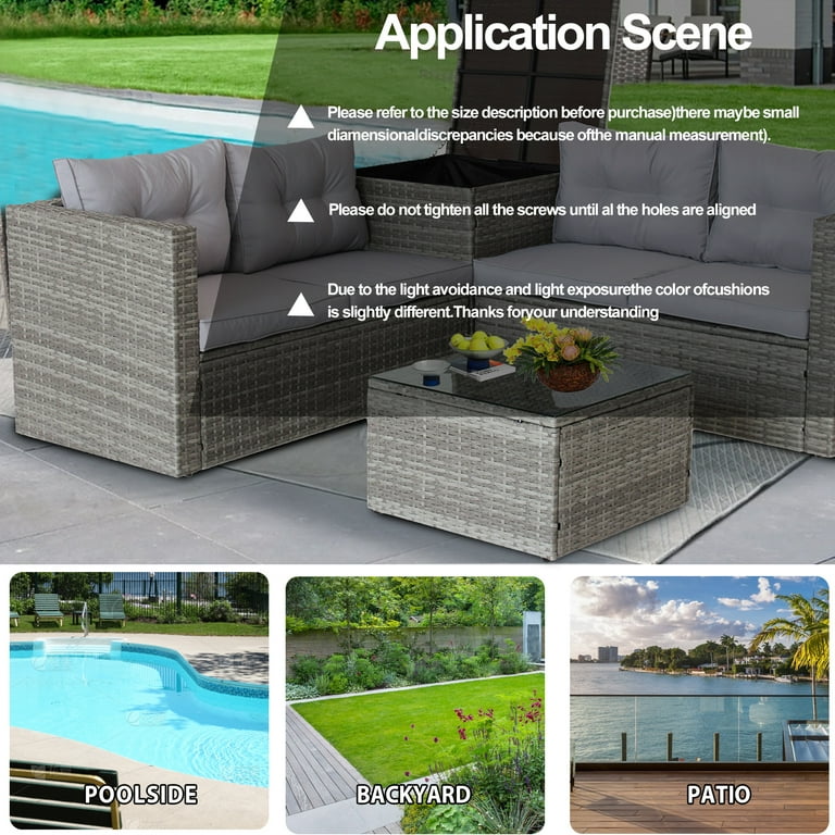 Rattan Wicker Patio Furniture 4 Piece Outdoor Conversation Set with Storage Ottoman All Weather Sectional Sofa Set with Gray Cushions and Table for