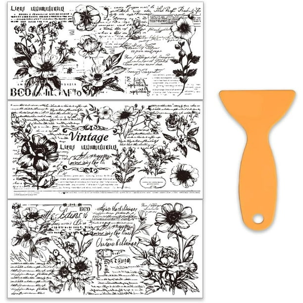 Juego de 3 calcomanías adhesivas blancas y negras para muebles y manualidades (30 x 15 cm) con diseño de flores y texto. Incluye espátula.