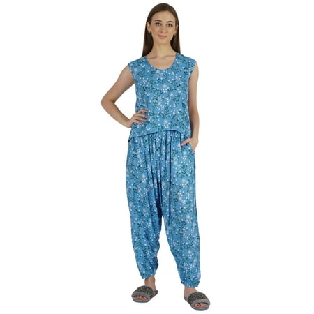 

Moomaya Printed Rayon Nightwear Set For Womens Sleepwear Drop Crotch Pajama 2 Pcs Loungewear