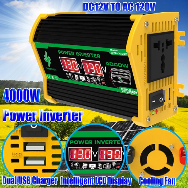 Inversor De Coche Inversor de coche de 12 V a 220 V/110 V, 4000 W, inversor inteligente de vehículo, carga rápida USB Dual DQrwqpou Accesorios para autos y motos