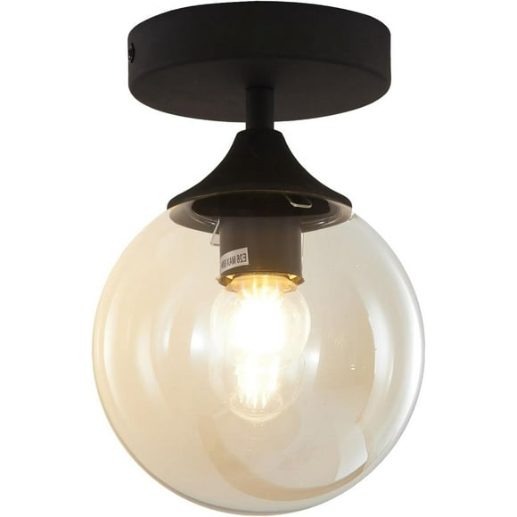 KCO Lighting Black Globe Semi Flush Mount Ceiling Light, Amber Glass Ceiling Light, Mid Century Modern Overhead Light