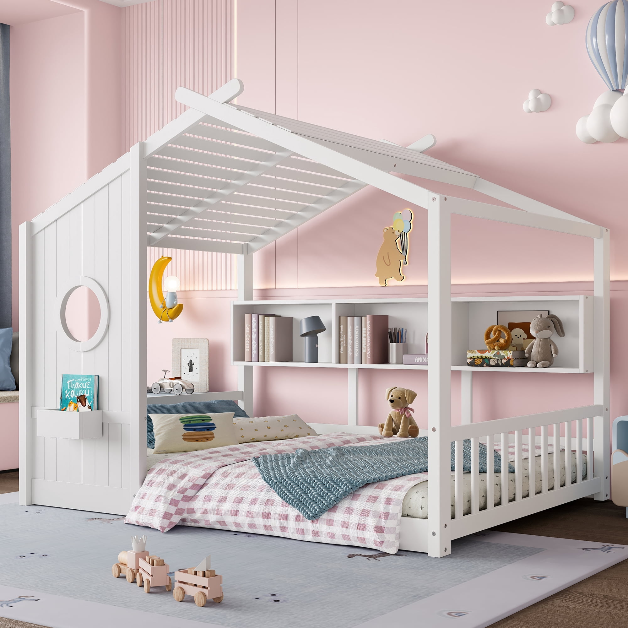 Euroco Wood Full Size House Bed with Cabinets, Floor Bed with Roof Design and Storage Shelves, White