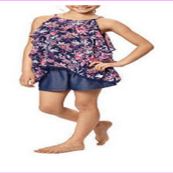 Ella Moss Girls' 2-piece Floral Ruffled Tank Top and Denim Shorts Set 10/Navy