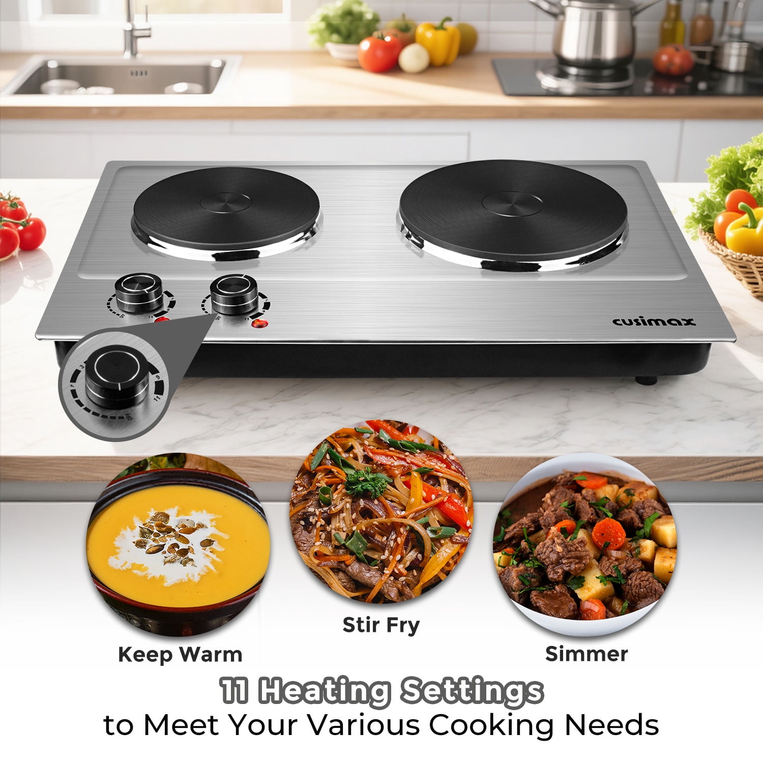 CUSIMAX 1800W Portable Double Burner Hot Plate – Stainless Steel Countertop Electric Cooktop with Dual Cast Iron Heating Plates, Easy-to-Clean Silver Design, Upgraded Version