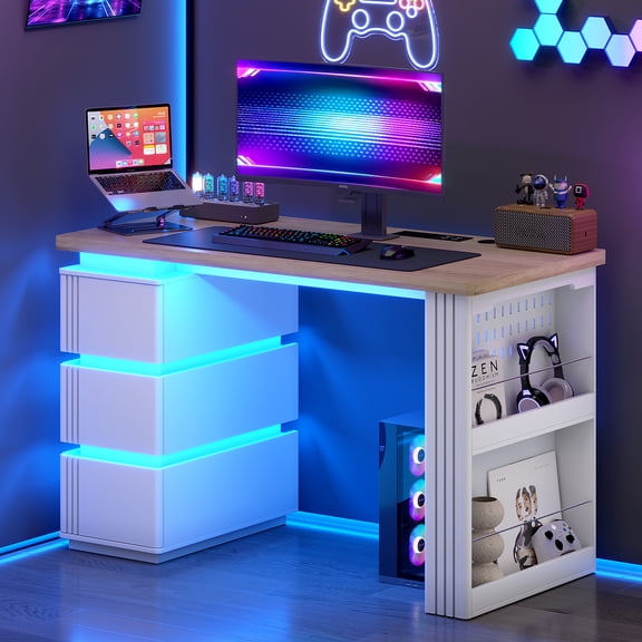 VKCC Home Office Desk with 3 Drawers,Computer Desk with LED Lights,Modern Study Desk with Storage,Filing Cabinet,Motion Sensor and Power Outlets,White