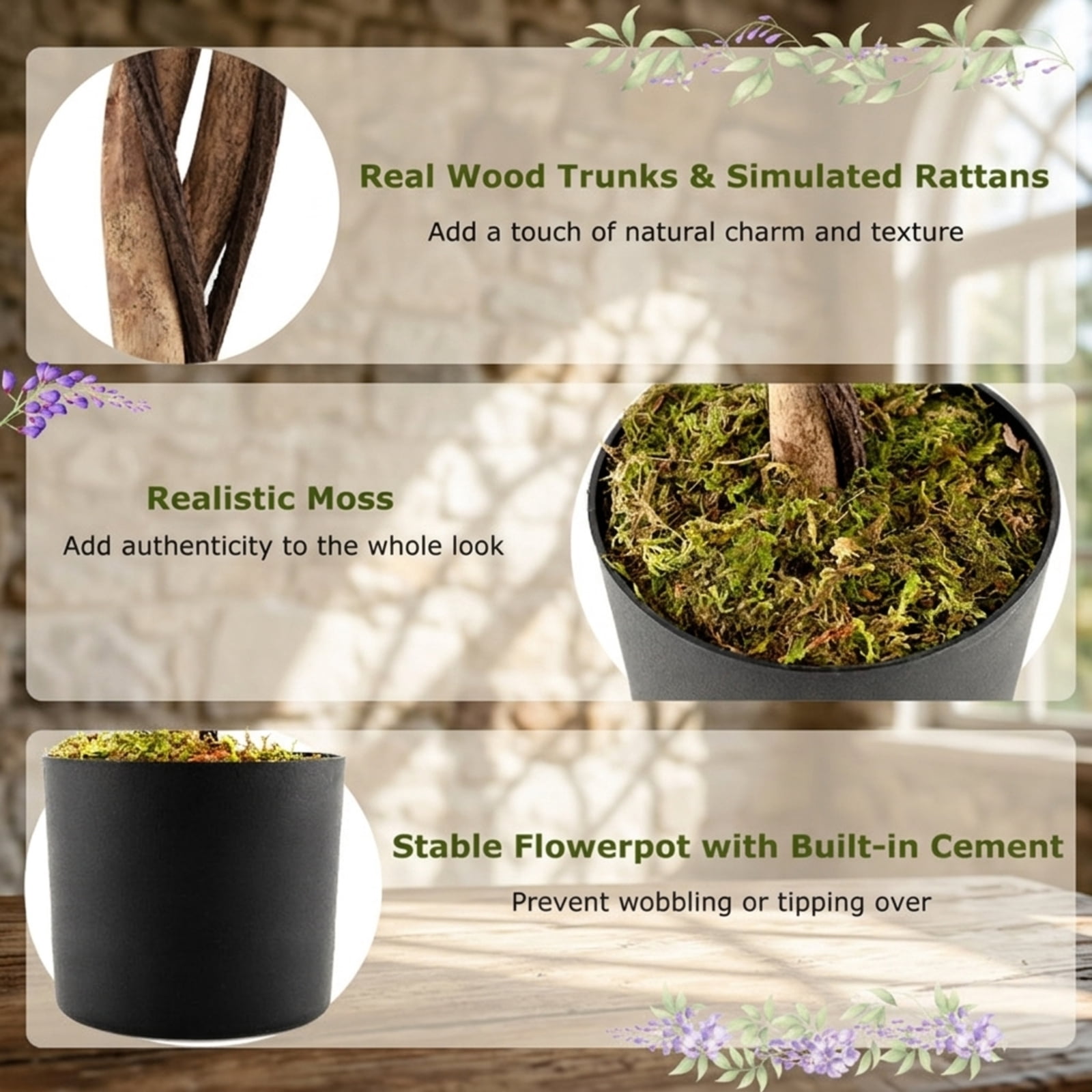Vebreda Artificial Plant Decor, Set of 1/2 Fake Ficus Plant 6 FT Artificial Wisteria Tree with Natural Trunks and Purple Lifelike Flowers