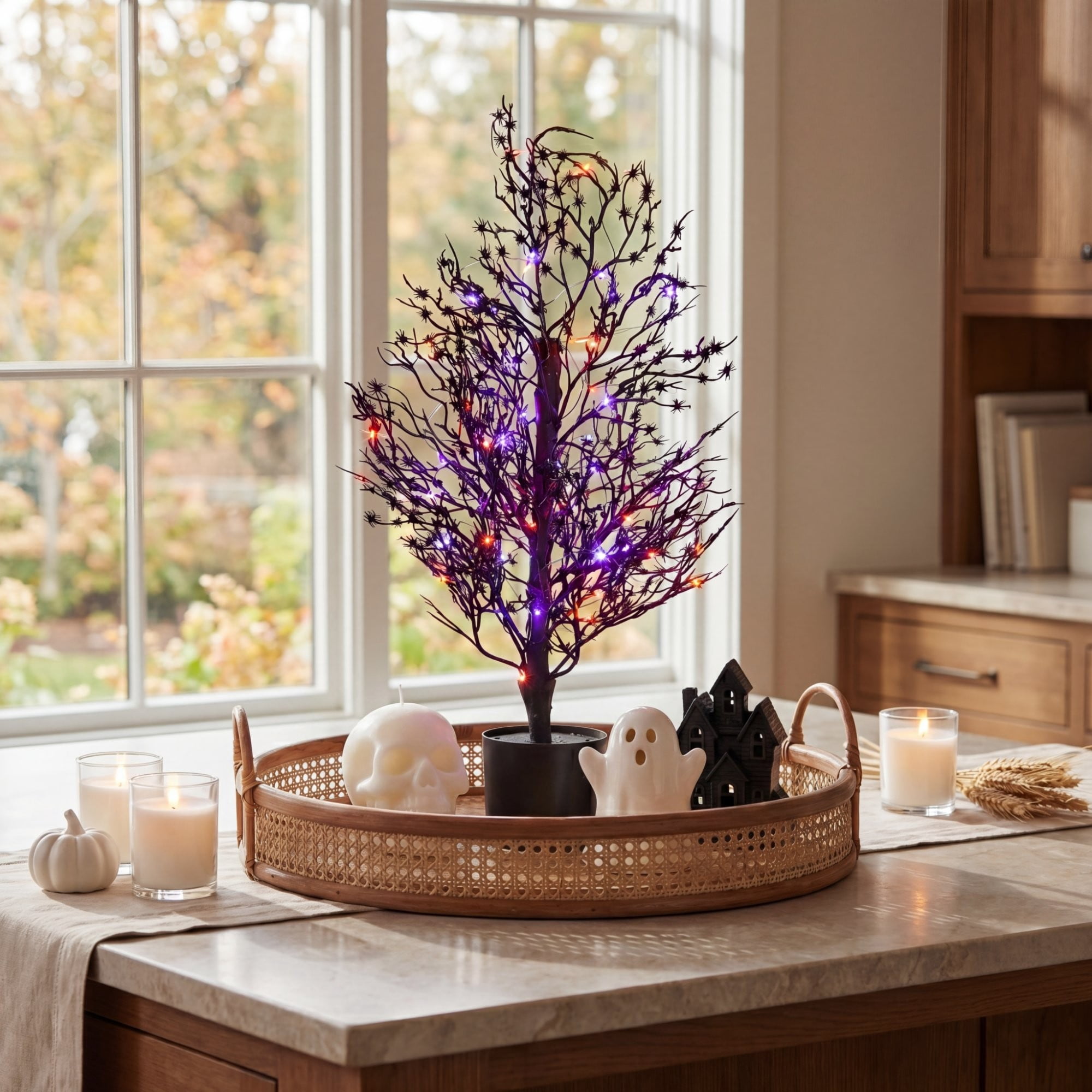 2ft. Pre-Lit Artificial Halloween Spider Twig Tree with 50 Orange & Purple LED Lights