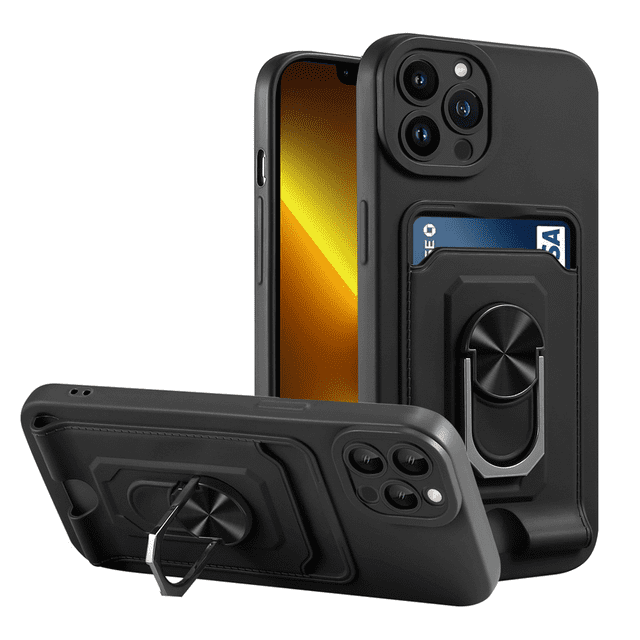 Funda protectora ZHAOCHENG para iPhone 14 con tarjetero multifuncional y anillo magnético a prueba de golpes negro