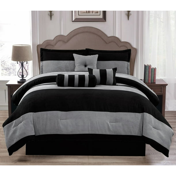 Soft Suede Black Gray Van Dam 7 Piece, Black Queen Size Bed Set