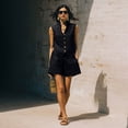 thumbnail image 5 of Women's 2 Piece Outfit Sleeveless Button Down Vest Top and High Waist Shorts Set, Textured Wrinkle Fabric Casual Matching Set, Loose Fit Summer Lounge Wear Black L, 5 of 6