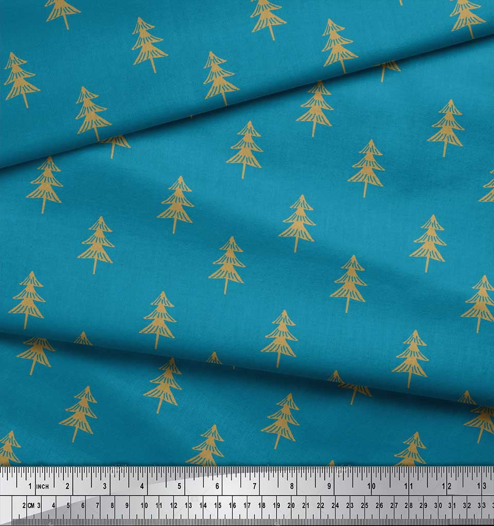 Soimoi Blue Silk Fabric Christmas Tree Printed Craft Fabric by the Yard 42 Inch Wide