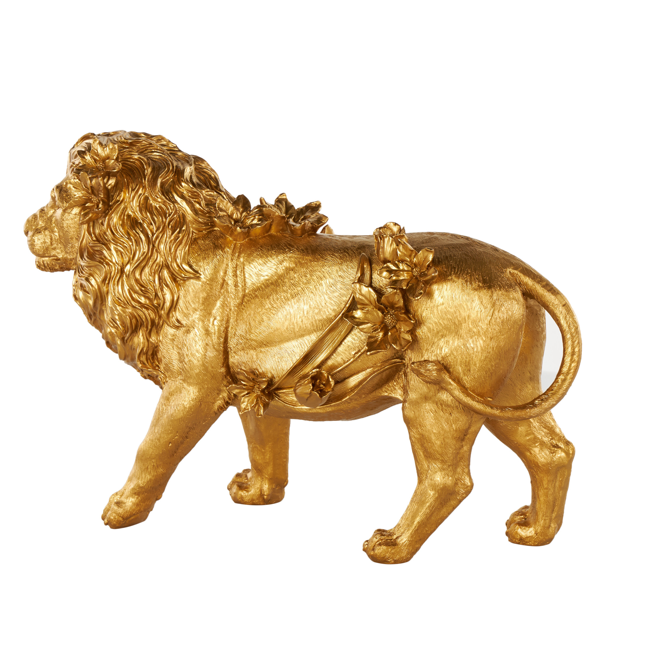 18" x 13" Gold Resin Walking Lion Sculpture with Floral Accents, by DecMode
