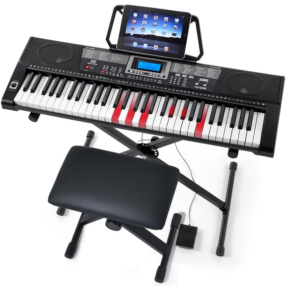 MUSTAR 61 Keys Piano Keyboard Electronic Lighted-Up Keys for Beginner with Stool,LCD Screen,USB MIDI,Stand,Headphones,Microphone,Sustain Pedal(Black)