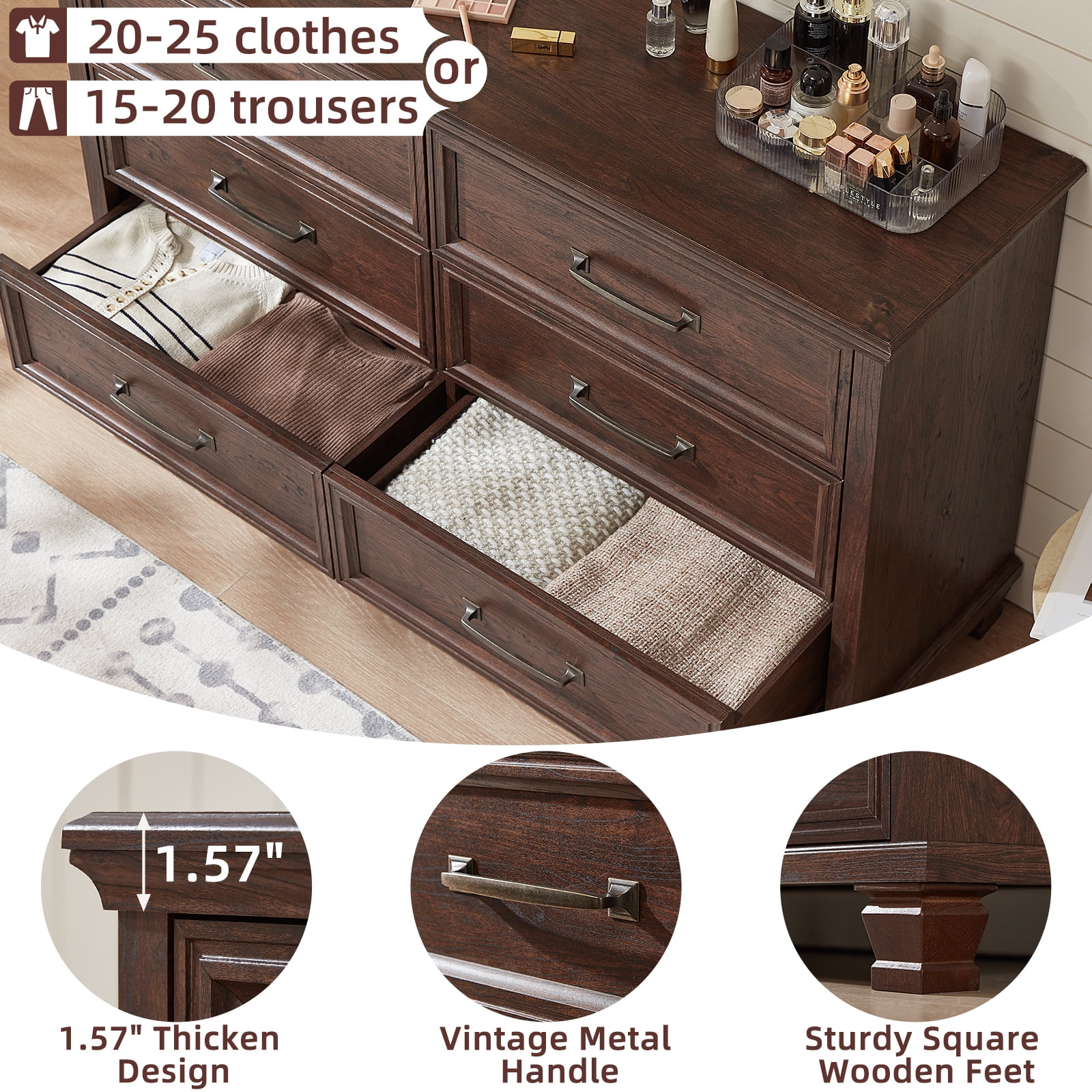 LELELINKY Farmhouse 6 Drawer Dresser, 54" Long Dressers for Bedroom, Chest of Drawers Closet Organizers and Storage Clothes for Living Room, Hallway, Walnut