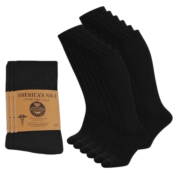 Diamond Star Diabetic Over the Calf, Non-binding Premium Cushion Cotton Knee High Comfortable Socks for Men (Black - 12 Pairs, Socks Size 10-13)