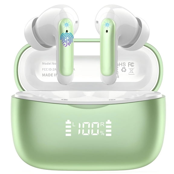 WeurGhy Earbuds Wireless Bluetooth Noise Cancelling for iPhone Android Sports Workout, 56H Playtime Waterproof LED Display in Ear Headphones, Green
