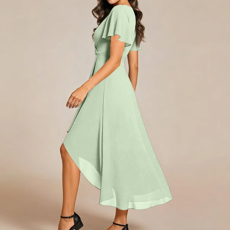 light green dress for wedding guest Dresses Women, Chiffon High Low Midi Dress, V-Neck Ruffle Sleeve Flowy Formal Cocktail 2XL evening party or any other occasions Green Wedding Guest Dresses |
