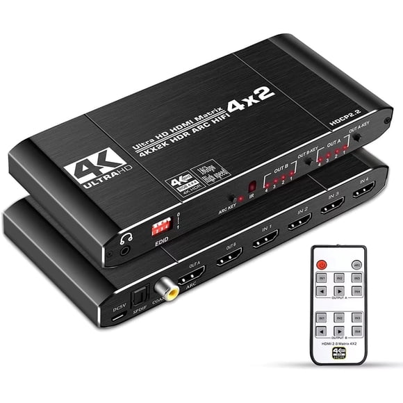 HDMI Matrix Switch 4X2 with ARC, KSRplayer 4 in 2 Out HDMI Video Switcher Optical Toslink SPDIF+Coaxial+3.5mm ARC Audio, Scaler 4K @60Hz 1080P Synch, HDMI Audio Extractor with IR Remote Control