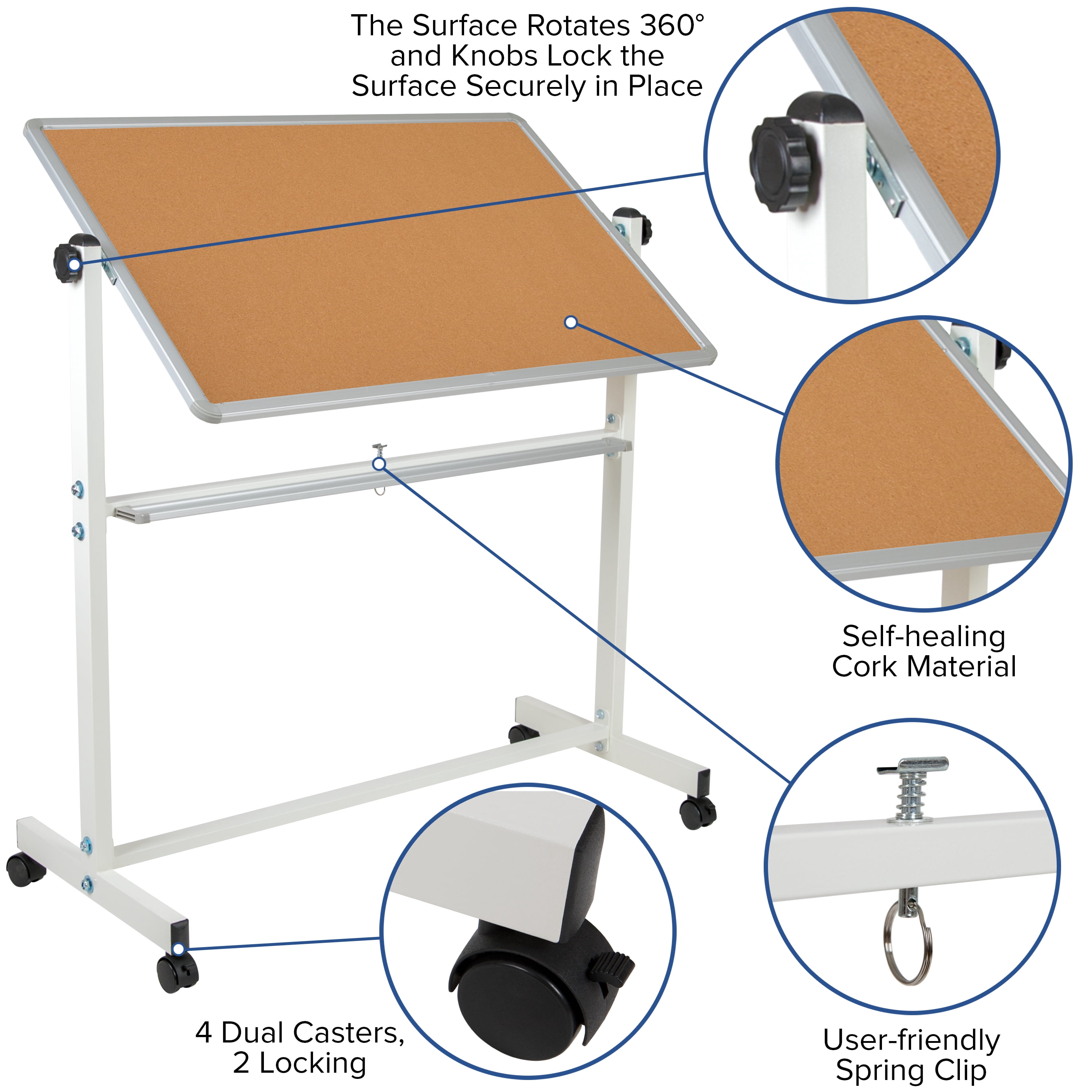 Flash Furniture HERCULES Series 45.25"W x 54.75"H Reversible Mobile Cork Bulletin Board and White Board with Pen Tray