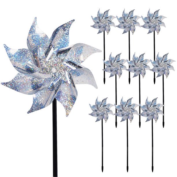 Paquete de 10 pinwheels repelentes de primera calidad – Spinners holográficos brillantes para ahuyentar pájaros y plagas Dispositivos repelentes de pájaros al aire libre oso de fresa Hogar