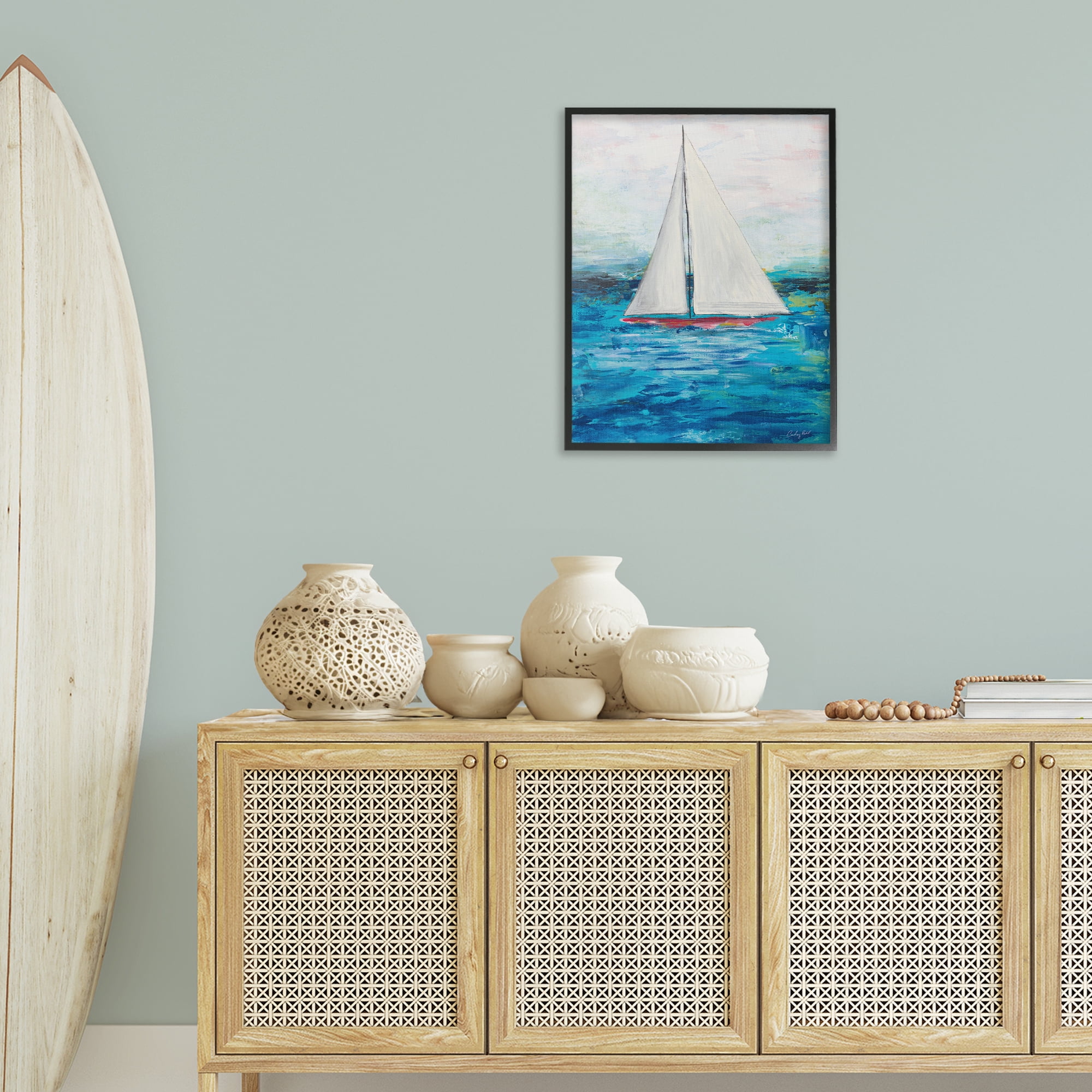 Stupell Industries Boat Setting Sail Coastal Painting Black Framed Art Print Wall Art, 24 x 30