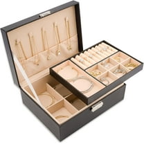 LQQBOX Jewelry Box Organizer for Women, Jewelry Organizers 2 Layer Jewelry Storage Box PU Leather with Lock for Women Girls Rings Earrings Necklace Bracelets, Black