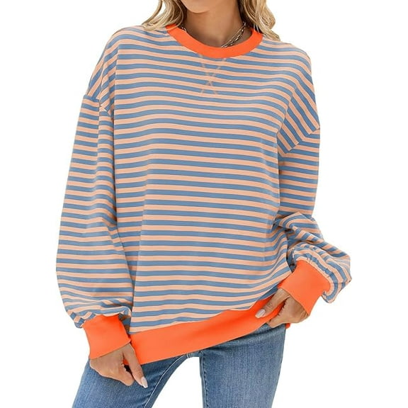 Womens Striped Oversized Sweatshirt Color Block Crew Neck Long Sleeve Casual Loose Color Block Pullover Top Y2K Clothes